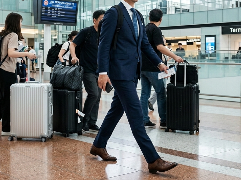 大きなスーツケースを持たずリュックだけで海外出張する男性