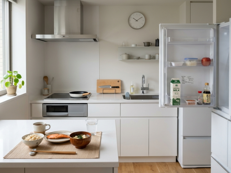 ミニマルでスッキリしたキッチンとシンプルな食生活のイメージ
