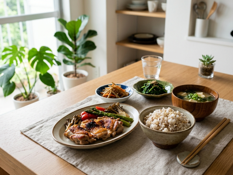 一人暮らしにちょうどいい量のバランスの良い食事イメージ