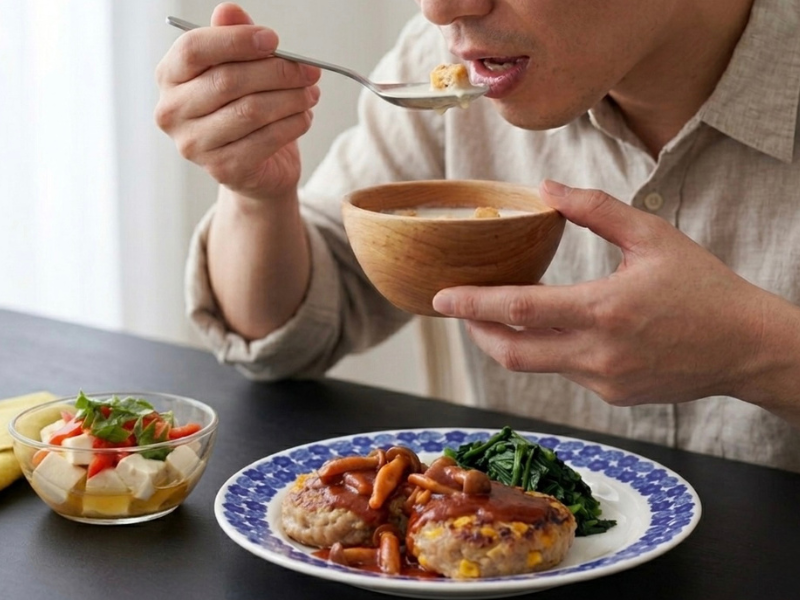 一人暮らしの男性がオイシックスおためしセットを食べるイメージ