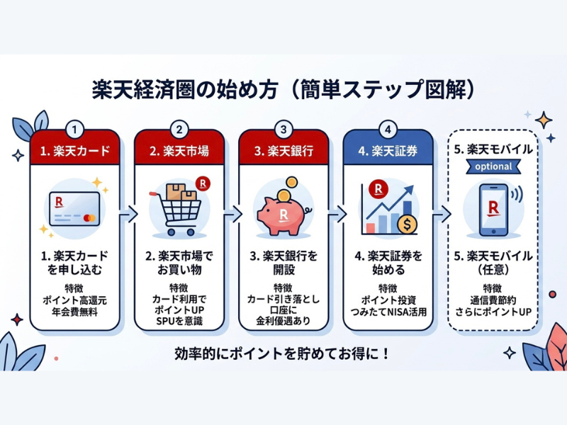 楽天経済圏の始め方をステップ形式でまとめた図