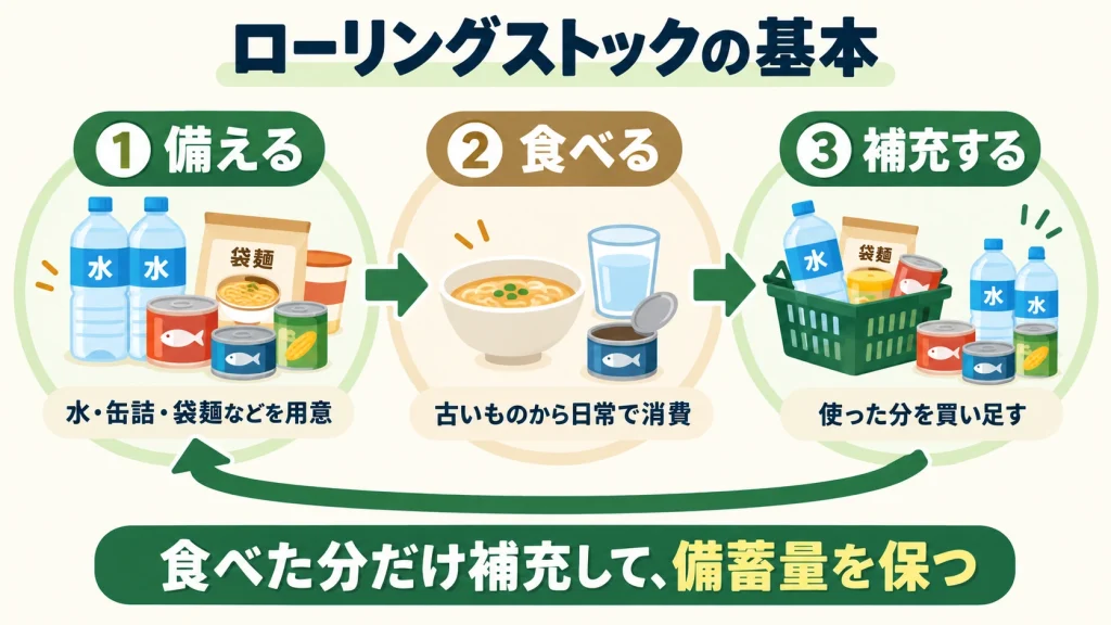 ローリングストックの基本的な流れ。備える、食べる、補充するの3ステップを繰り返す図解