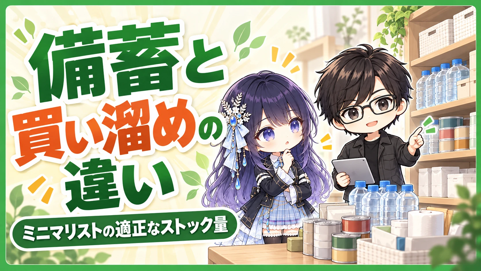 備蓄と買い溜めの違いを説明するシンシャとリュールのイラスト